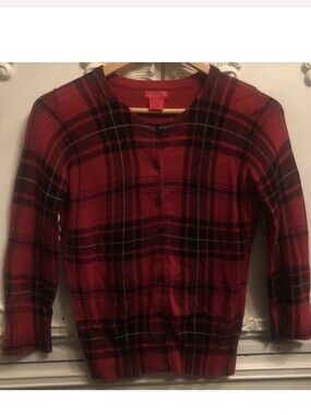 Joe Fresh Red Plaid Knit Cardigan, Size XS